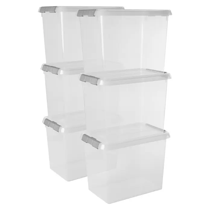 Sunware Aufbewahrungsbox-Set Comfort Line - L x B x H: 30,7 x 20 x 22,3 cm, Kunststoff, Transparent, 6 Stk. - Stapel aus drei durchsichtigen Aufbewahrungsboxen mit grauem Deckel und Griffen, die eine praktische Lösung für die Organisation bieten.
