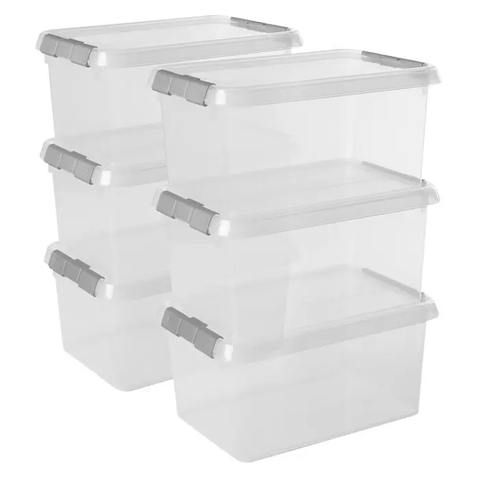 Sunware Aufbewahrungsbox-Set Comfort Line - L x B x H: 30 x 20 x 14 cm, Kunststoff, Transparent, 6 Stk. - Stapel von transparenten Aufbewahrungsboxen mit grauem Deckel, ideal für die Organisation von Gegenständen im Haushalt.