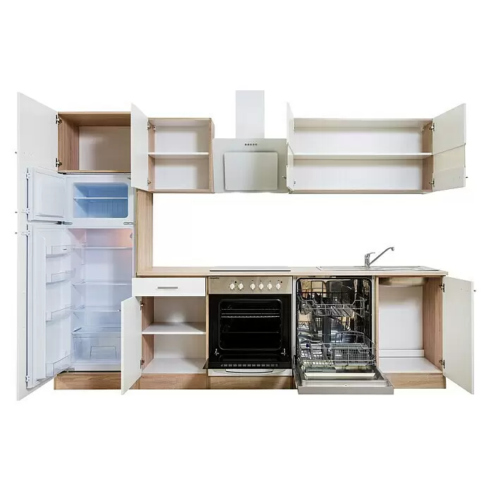 Respekta Composición de cocina Merle - Ancho: 280 cm, Blanco, Con electrodomésticos, Volumen horno: 72 l - Cocina modular blanca con detalles de madera clara; nevera, horno y lavavajillas abiertos, fregadero y campana.