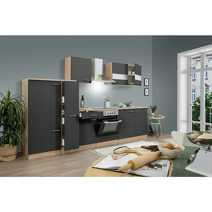 Respekta Küchenzeile Merle Typ 1 - Breite: 300 cm, Grau, Mit Elektrogeräten - Moderne Küche in Grau und Holzoptik mit Elektrogeräten und Küchendekoration. Die offene Gestaltung lädt zum Kochen und Verweilen ein.