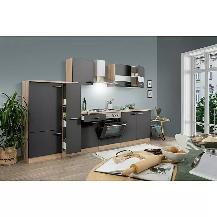 Respekta Küchenzeile Merle - Breite: 300 cm, Grau, Mit Elektrogeräten, Volumen Backofen: 60 l - Moderne Küchenzeile mit anthrazitfarbenen Fronten und Eichen-Details, mit integriertem Backofen und Spüle in einer Küchenumgebung.