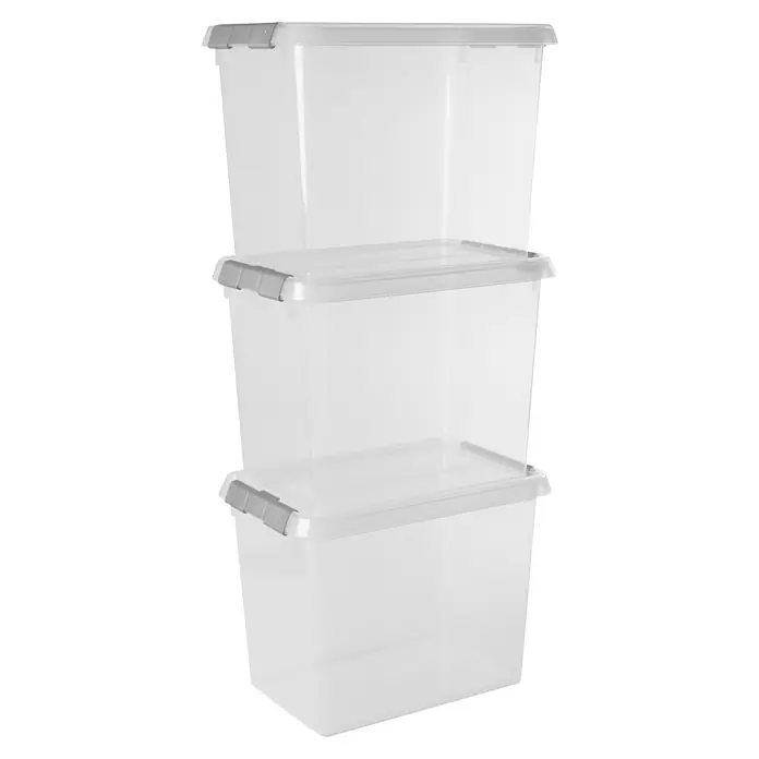 Sunware Aufbewahrungsbox-Set Comfort Line - L x B x H: 30,7 x 20 x 22,3 cm, Kunststoff, Transparent, 3 Stk. - Drei transparente Aufbewahrungsboxen mit grauen Deckeln sind übereinander gestapelt und bieten praktischen Stauraum für Zuhause oder Büro.