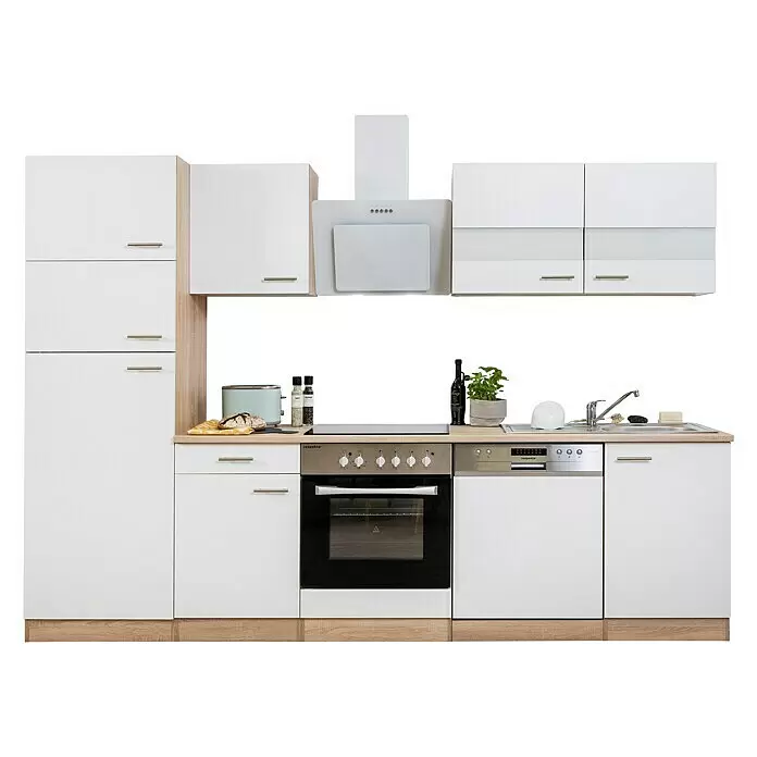 Respekta Composición de cocina Merle - Ancho: 280 cm, Blanco, Con electrodomésticos, Volumen horno: 72 l - Mueble de cocina moderno con armarios blancos, encimera de madera clara, horno, placa, fregadero y lavavajillas integrados.