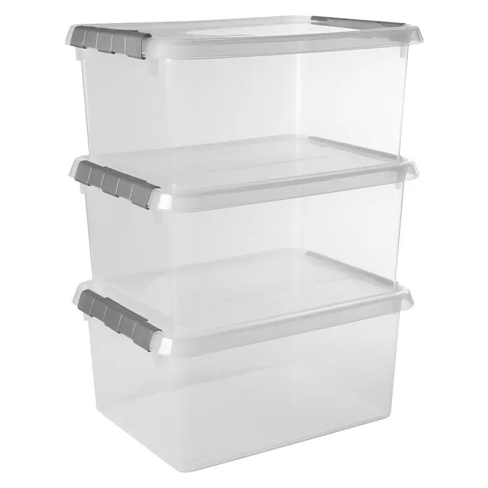 Sunware Aufbewahrungsbox-Set Comfort Line - L x B x H: 40 x 30 x 18 cm, Kunststoff, Transparent, 3 Stk. - Ein Stapel von drei transparenten Aufbewahrungsboxen mit grauen Deckeln, ideal für die Organisation verschiedener Gegenstände.