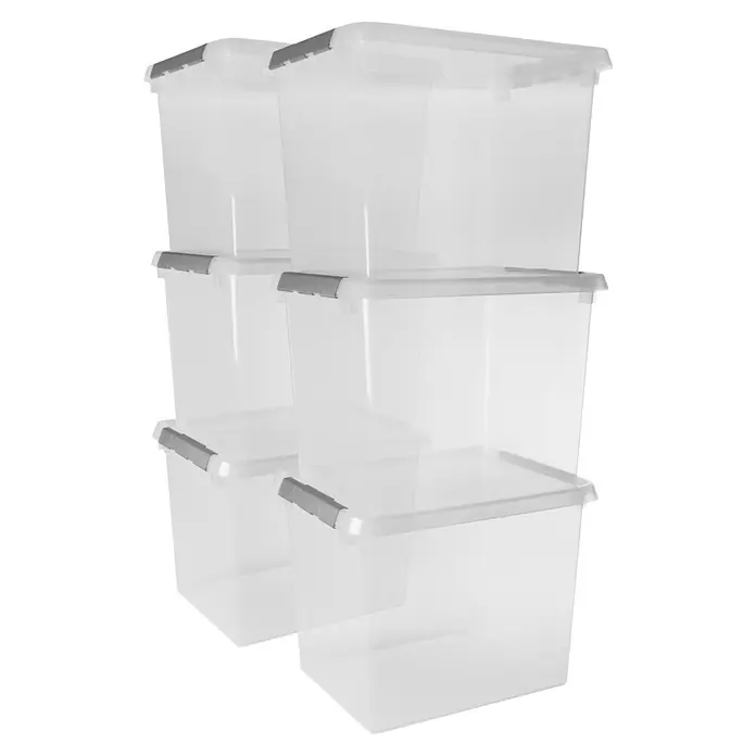 Sunware Aufbewahrungsbox-Set Comfort LineL x B x H: 38 x 50 x 40 cm, Kunststoff, Transparent, 6 Stk. - Ein Stapel transparenter Aufbewahrungsboxen mit grauen Deckeln, ideal für die Organisation von Gegenständen und zur Lagerung im Haushalt.