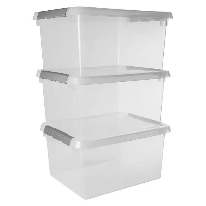 Sunware Aufbewahrungsbox-Set Comfort Line - L x B x H: 50 x 40 x 26 cm, Kunststoff, Transparent, 3 Stk. - Ein Stapel von drei transparenten Aufbewahrungsboxen mit grauen Deckeln. Ideal für die Organisation von Gegenständen im Haushalt.
