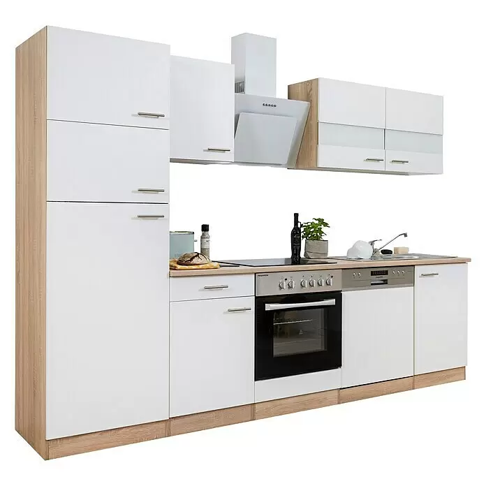 Respekta Composición de cocina Merle - Ancho: 280 cm, Blanco, Con electrodomésticos, Volumen horno: 72 l - Cocina compacta totalmente equipada con armarios blancos y detalles de madera clara, incluye horno, placa, fregadero y lavavajillas.