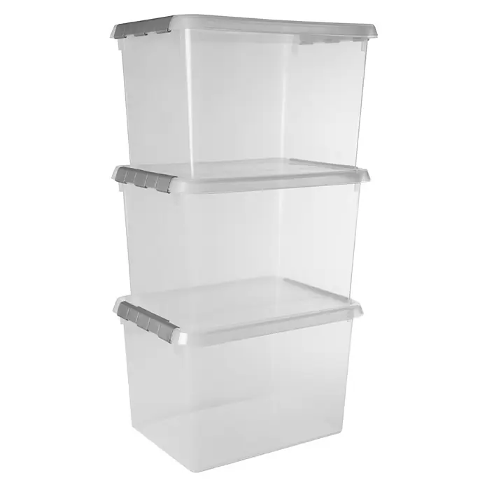 Sunware Aufbewahrungsbox-Set Comfort Line - L x B x H: 40 x 30 x 26 cm, Kunststoff, Transparent, 3 Stk. - Gestapelte durchsichtige Aufbewahrungsboxen aus Kunststoff mit grauen Verschlüssen für vielseitige Ordnungslösungen im Haushalt.