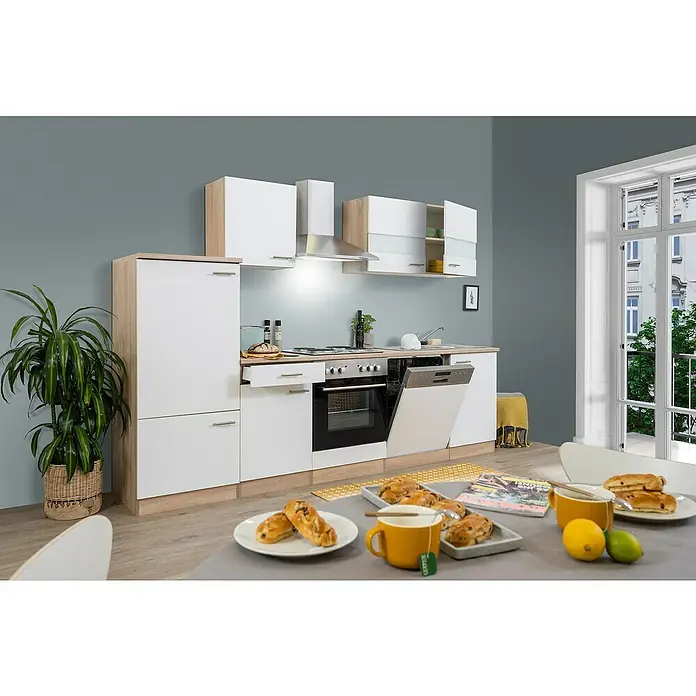 Respekta Küchenzeile Merle - Breite: 280 cm, Weiß, Mit Elektrogeräten, Volumen Backofen: 58 l - Küche mit weißen Schränken und Geräten aus hellem Holz.