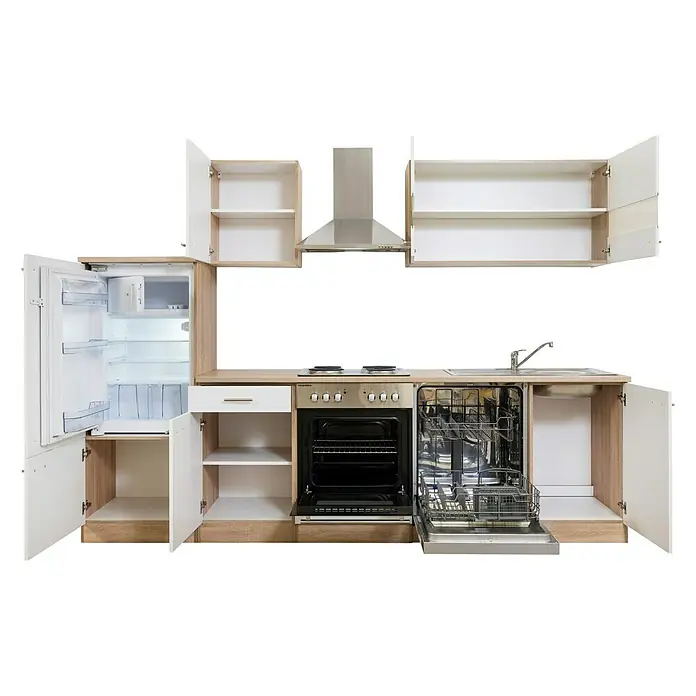 Respekta Küchenleerblock Merle - Breite: 280 cm, Weiß, Ohne Elektrogeräte - Bild einer modernen Küche mit offenen Schränken, einem Kühlschrank, einem Herd, einer Spüle und einem Geschirrspüler auf schwarzem Hintergrund.