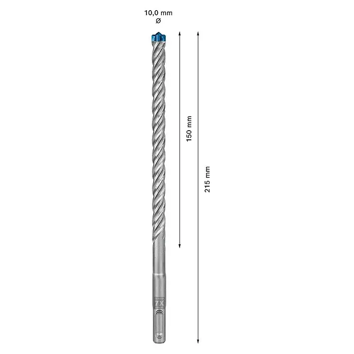 Bosch Expert Broca para hormigón y mampostería -7X - 1 ud., Diámetro de la broca: 10 mm - Primer plano de una broca para martillo perforador Bosch de 10,0 mm con diseño helicoidal y punta azul, ideal para taladrar.
