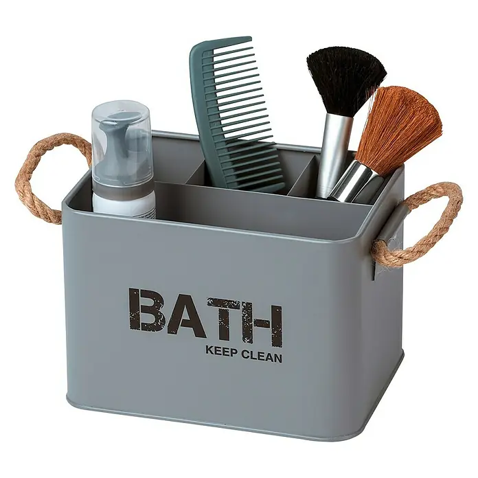 Wenko Bad-Aufbewahrungskorb Gara - 13 x 19 x 12,5 cm, Stahl, Grau - Dieser graue Bad-Organizer mit Seilgriffen bietet praktischen Stauraum für Badutensilien wie Bürsten und Sprays.