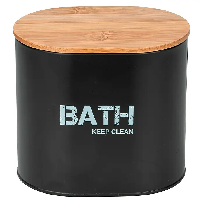 Wenko Bad-Aufbewahrungskorb Gara - 10,5 x 14,5 x 13,5 cm, Stahl, Schwarz - Schwarzer Behälter mit Bambusdeckel, auf dem "Bath Keep Clean" steht, ideal für Badezimmerutensilien.