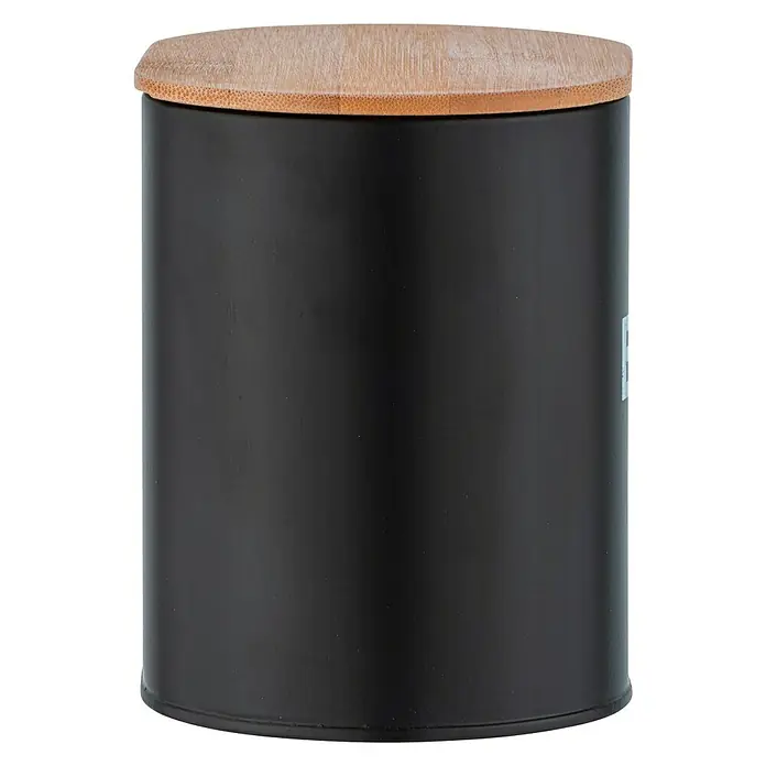Wenko Bad-Aufbewahrungskorb Gara - 10,5 x 14,5 x 13,5 cm, Stahl, Schwarz - Nahaufnahme einer schwarzen Dose mit einem hölzernen Deckel, ideal für die stilvolle Aufbewahrung von Lebensmitteln in der Küche.