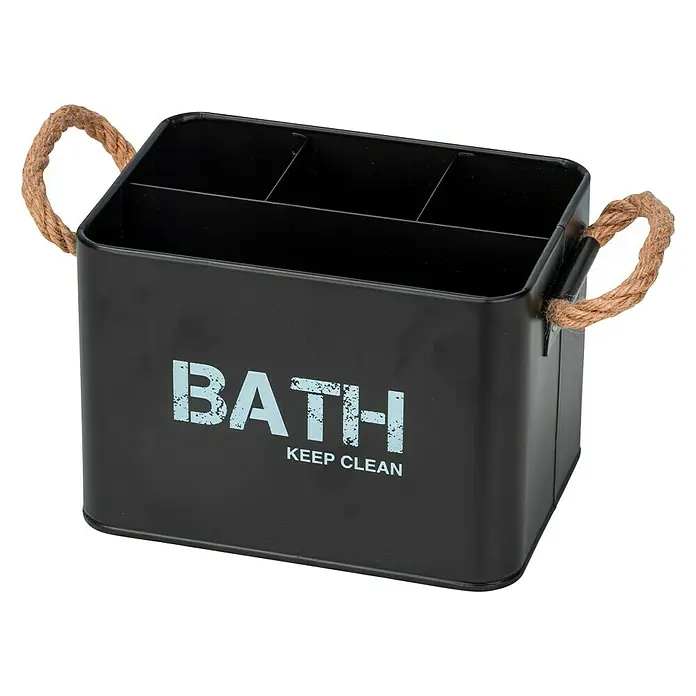 Wenko Bad-Aufbewahrungskorb Gara13 x 19 x 12,5 cm, Stahl, Schwarz - Schwarzer Badutensilien-Organizer mit Aufschrift "BATH KEEP CLEAN" und Seilgriffen. Ideal zur Aufbewahrung von Badartikeln.