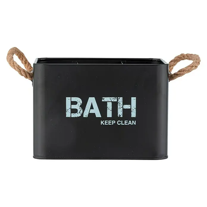 Wenko Bad-Aufbewahrungskorb Gara - 13 x 19 x 12,5 cm, Stahl, Schwarz - Ein schwarzer Behälter mit der Aufschrift "BATH KEEP CLEAN" und Seilgriffen, ideal für die Badaufbewahrung.