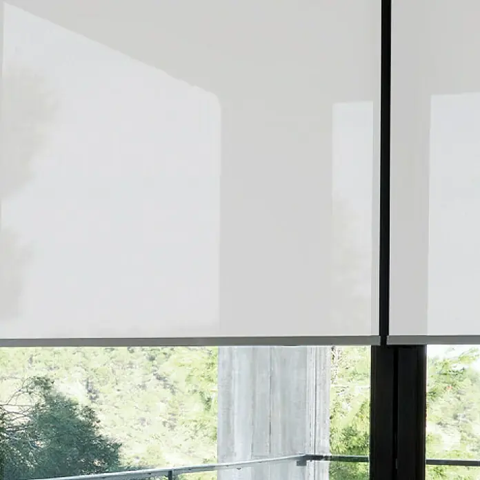 Estor enrollable screen 1% - An x Al: 165 x 250 cm, Blanco perla - Primer plano de persianas enrollables blancas modernas, que brindan privacidad y luz suave en un interior elegante.