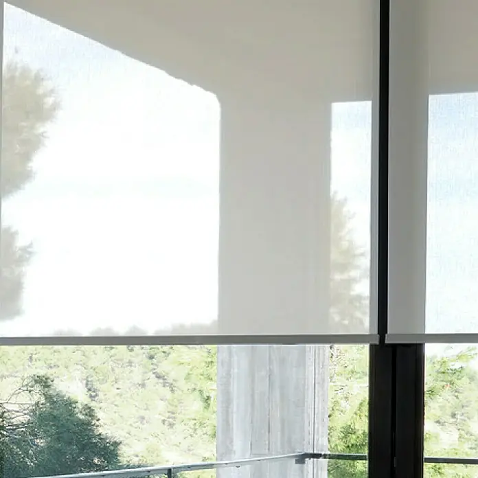 Estor enrollable screen 10% - An x Al: 200 x 250 cm, Blanco - Primer plano de persianas enrollables blancas delante de una ventana, que ofrecen un filtrado de luz suave y privacidad.