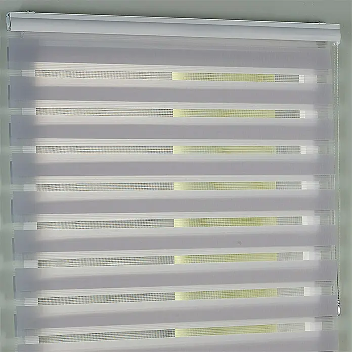 Estor noche y día Martina - An x Al: 200 x 250 cm, Gris - Un primer plano muestra persianas horizontales modernas, que ofrecen privacidad y crean un sutil juego de luces y sombras en el espacio.
