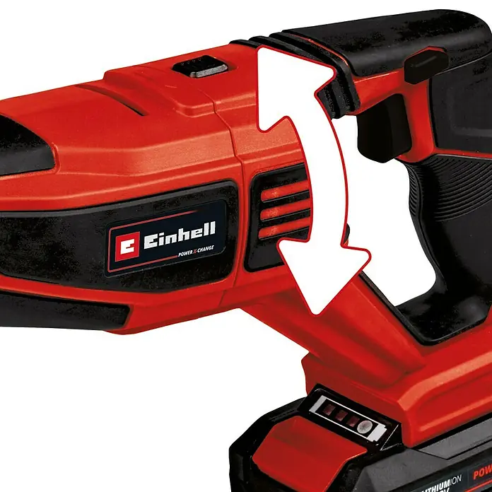 Einhell Professional PXC 18V Sierra de sable de batería TE-AP 18/28 Li BL - Solo - 18 V, Sin batería, Número de carreras marcha en vacío: 0 /min - 2.500 /min - Herramienta inalámbrica roja Einhell con flecha blanca que indica rotación. Ideal para proyectos de bricolaje versátiles.