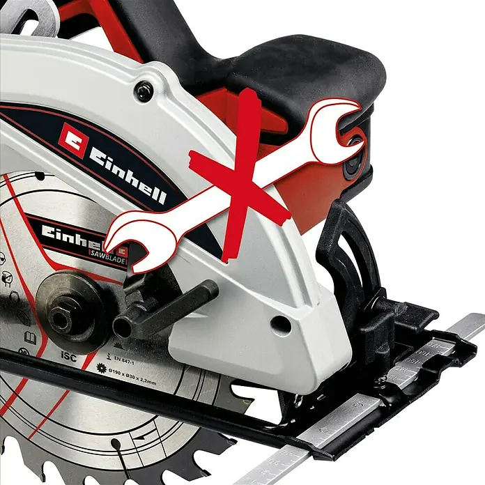 Einhell Handkreissäge TC-CS 1410 - 1.410 W, Durchmesser Sägeblatt: 190 mm, Schnitttiefe bei 90 °: 67 mm - Nahaufnahme einer Einhell Kreissäge, ideal zum Schneiden von Holz und anderen Materialien für Heimwerker und Profis.