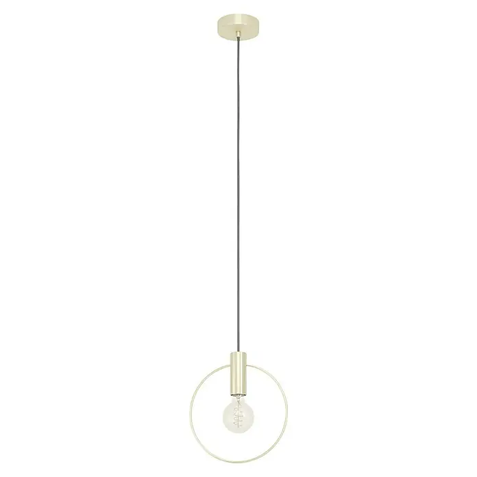 Eglo Pendelleuchte MANIZALES - 40 W, L x B x H: 25 x 105 x 110 cm, Messing-gebürstet, E27, Anzahl Leuchtmittel: 1 Stk. - Elegante Pendelleuchte in Gold mit kreisförmigem Lampenschirm und einer dekorativen Glühbirne. Ein stilvolles Beleuchtungselement für jeden Raum.