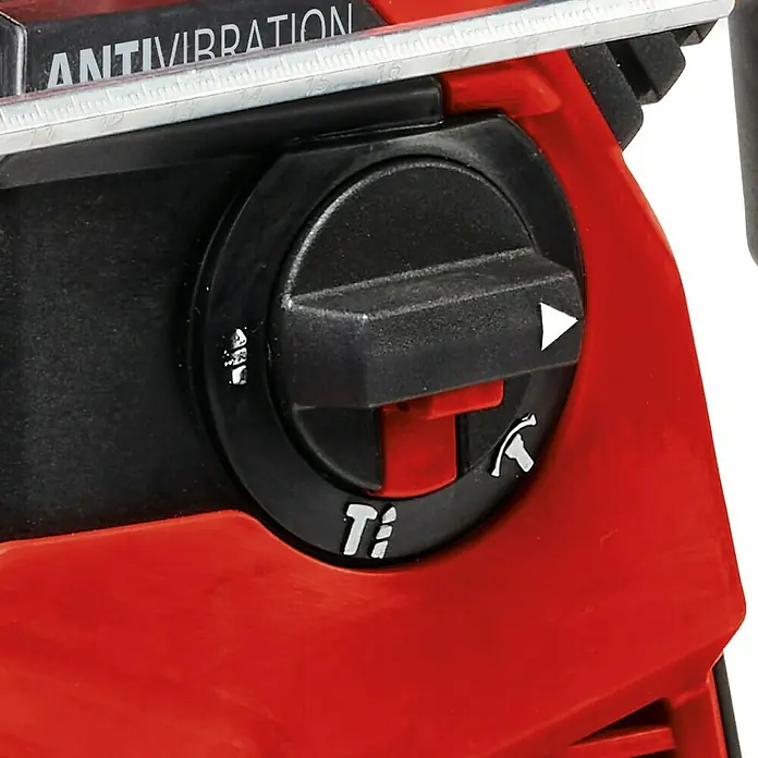 Einhell Professional PXC 18V Martillo combinado de batería Herocco 36/28 - 18 V, Sin batería, 0 Ah, 3,2 J - Primer plano de una herramienta eléctrica roja con un botón giratorio negro para ajustar el nivel de vibración.
