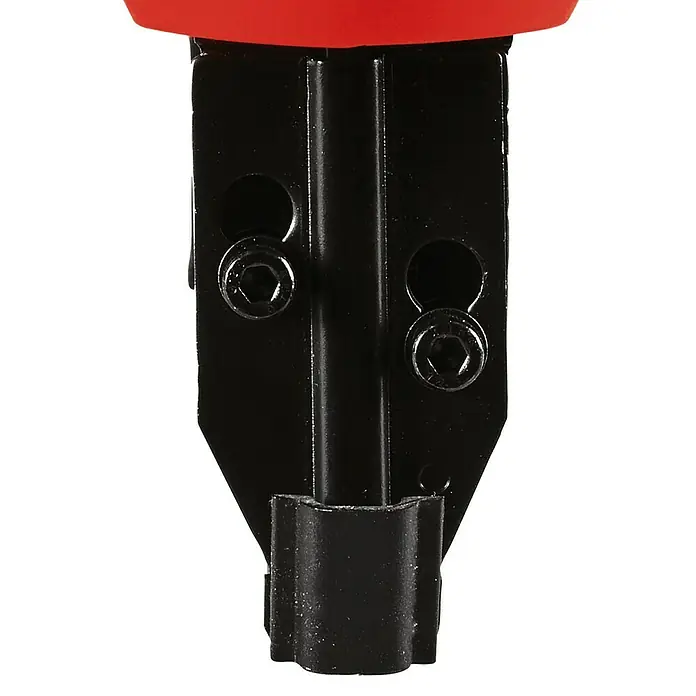 Einhell Power X-Change 18V Akku-Nagler TE-CN 18 Li - Solo - 18 V, Ohne Akku, Länge Nagel: 15 mm - 32 mm, Breite Klammer: 5,7 mm, Stärke Nagel: 1 mm - Detailaufnahme des schwarzen Metallteils eines Werkzeugs, befestigt mit zwei Schrauben, mit einem roten Element im oberen Bereich.