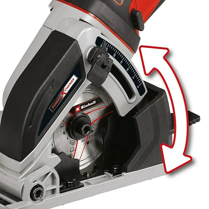 Einhell PXC 18V Minisierra circular de batería TE-CS 18/89Li-Solo - 18 V, Sin batería, Número de revoluciones de marcha en vacío: 0 r.p.m. - 2.500 r.p.m. - Primer plano de la sierra circular inalámbrica Einhell, que destaca su ajuste de bisel. Versátil para proyectos de bricolaje, garantizando cortes precisos.