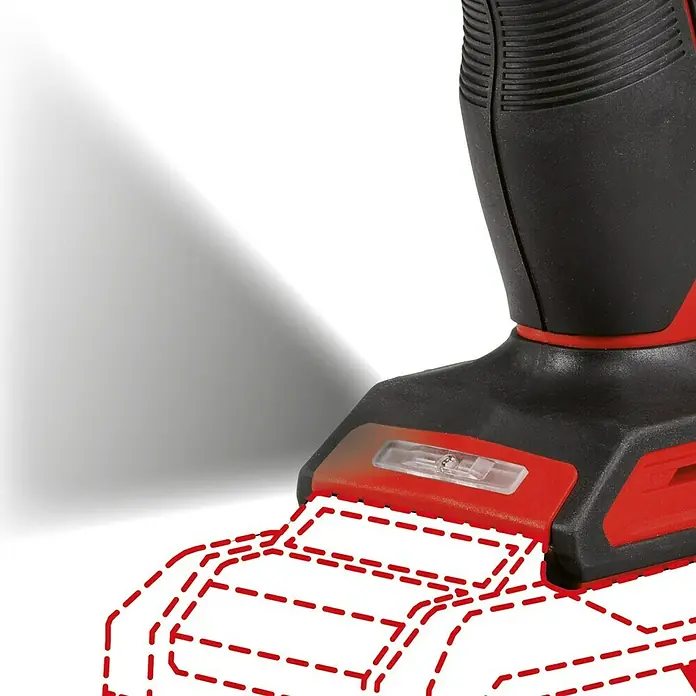 Einhell Power X-Change 18V Akku-Bohrschrauber TE-CD 18/40 Li BL - Solo - 18 V, Ohne Akku, 40 Nm - Nahaufnahme eines roten und schwarzen Einhell-Akkuschraubers mit LED-Licht und gestrichelter Umrandung eines Akkus.