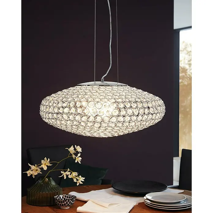 Eglo Pendelleuchte rund CLEMENTE - 60 W, Ø x H: 540 mm x 110 cm, Chrom, E27 - Elegante Hängeleuchte mit Kristallbesatz, die ein warmes und einladendes Licht über dem Esstisch verbreitet.\n