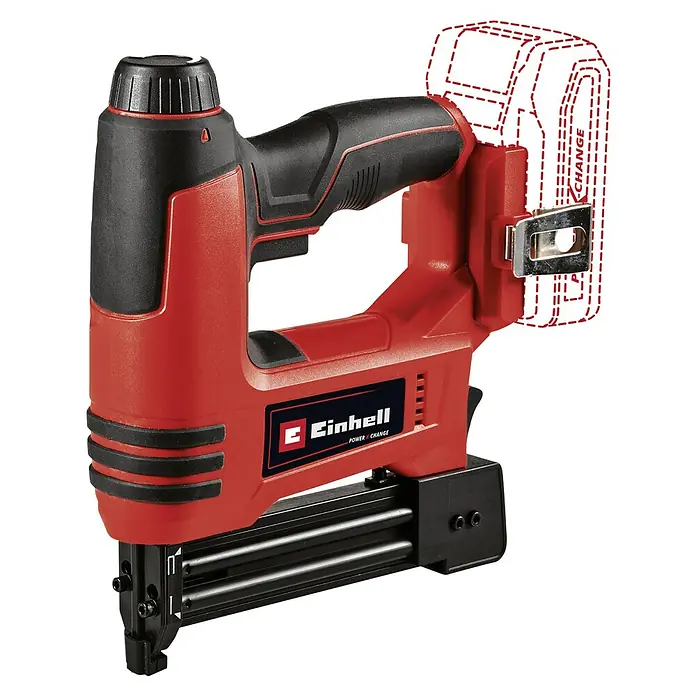 Einhell Power X-Change 18V Akku-Nagler TE-CN 18 Li - Solo - 18 V, Ohne Akku, Länge Nagel: 15 mm - 32 mm, Breite Klammer: 5,7 mm, Stärke Nagel: 1 mm - Akku-betriebener Einhell-Tacker mit rotem Gehäuse und schwarzem Griff, ideal für Heimwerkerprojekte und Polsterarbeiten.