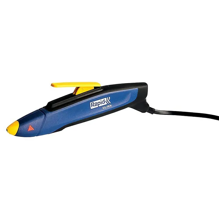 Rapid Heißklebepistole EG Pen - Durchmesser Klebepatrone: 7 mm - Ein Rapid EG PEN Klebestift in Blau und Schwarz mit gelben Akzenten, ideal für präzises Kleben bei Bastelarbeiten und Reparaturen.