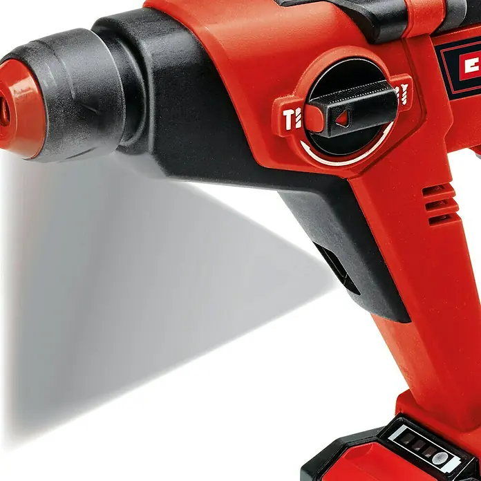 Einhell PXC 18V Martillo perforador de batería TE-HD 18/12 Li - Solo - 18 V, Sin batería, 1,3 J - Primer plano de un martillo perforador rotativo rojo con un portabrocas negro y un selector de modo para varias operaciones.