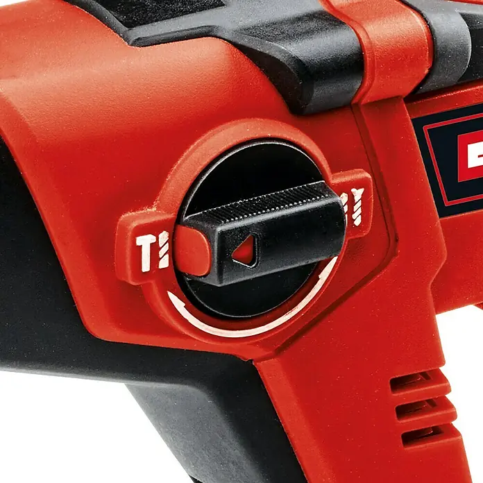 Einhell PXC 18V Martillo perforador de batería TE-HD 18/12 Li - Solo - 18 V, Sin batería, 1,3 J - Primer plano de un taladro rojo con un botón giratorio negro para ajustar los modos de perforación, resaltado con marcas indicadoras blancas.