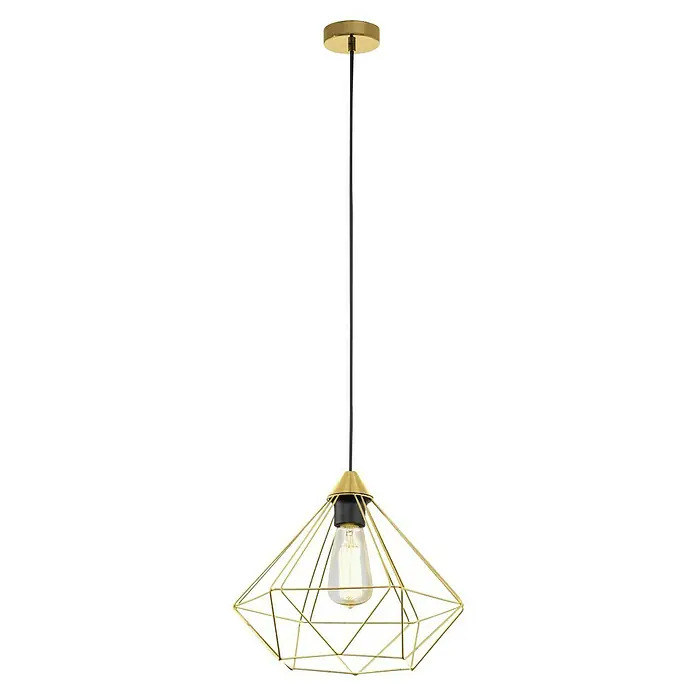 Eglo Pendelleuchte rund TARBES - 60 W, Ø x H: 325 mm x 110 cm, Messing-gebürstet, E27 - Eine hängende goldfarbene Pendelleuchte mit einem geometrischen Lampenschirm und einer Vintage-Glühbirne in Edison-Form für ein stilvolles Ambiente.
