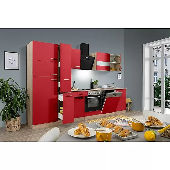 Respekta Küchenzeile Merle Typ 2 - Breite: 310 cm, Rot, Mit Elektrogeräten, Volumen Backofen: 72 l - Stimmungsaufnahme