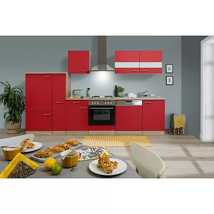 Respekta Küchenzeile Merle - Breite: 310 cm, Rot, Mit Elektrogeräten, Volumen Backofen: 60 l - Rote Küchenzeile mit Holzdekor-Akzenten, integrierten Geräten und Arbeitsplatte, in einer modernen Küche mit Esstisch.