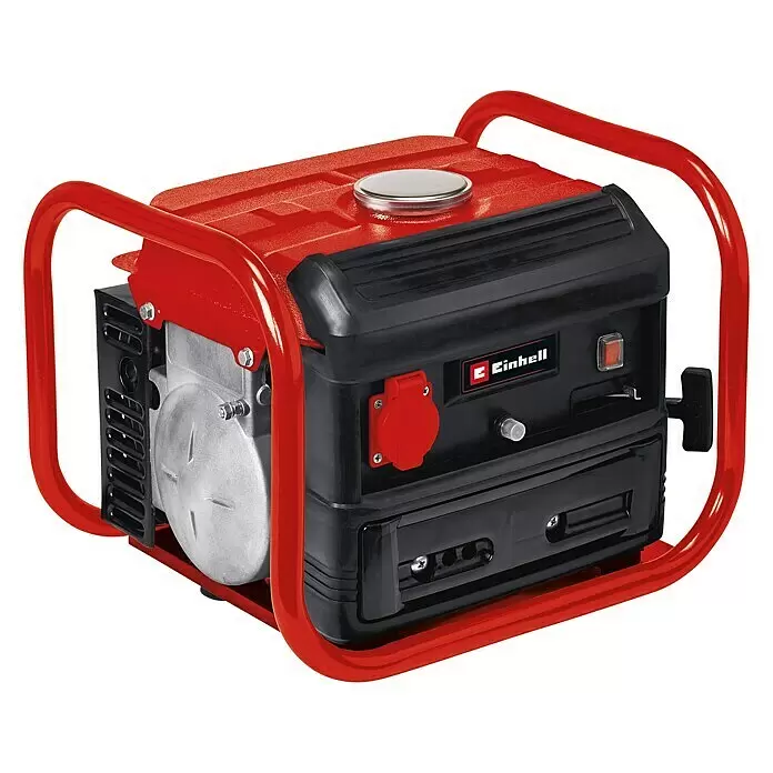 Einhell Generador TC-PG 10/E5 - Potencia nominal: 680 W, Volumen del depósito: 4 l - Generador eléctrico portátil rojo y negro con marco rojo, carcasa negra y componentes de motor plateados.