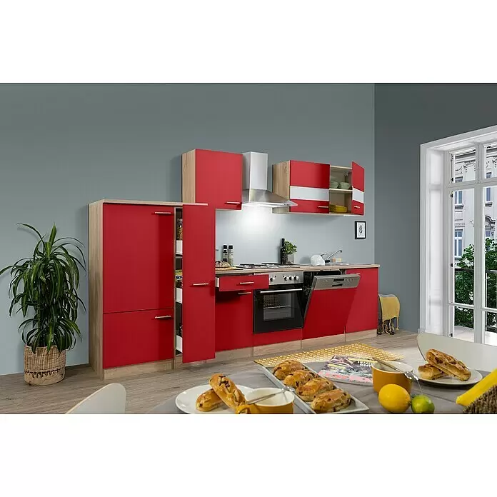 Respekta Küchenzeile Merle - Breite: 310 cm, Rot, Mit Elektrogeräten, Volumen Backofen: 60 l - Moderne rote Küche mit Holzapplikationen, integrierten Geräten und viel Stauraum.