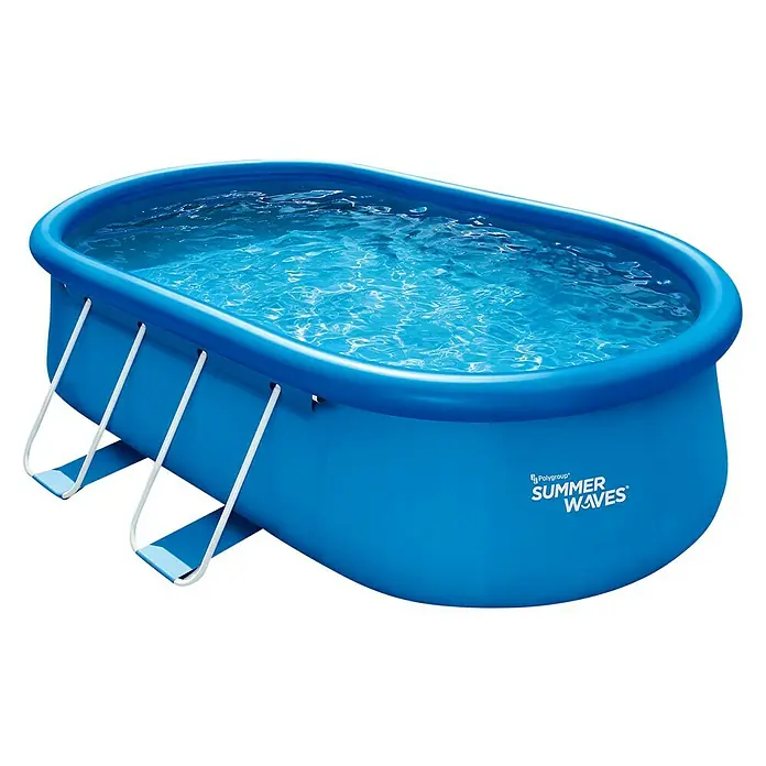 Quick-Up-Pool Summer Waves - L x B x H: 457 x 305 x 107 cm, Blau, 8.670 l - Blauer Summer Waves Pool mit Leiter, gefüllt mit Wasser. Ideal für Sommerpartys und zum Abkühlen an heißen Tagen im eigenen Garten.