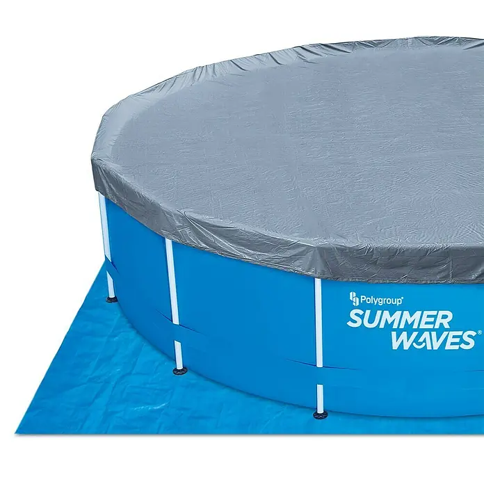 Frame-Pool Summer Waves Active - Ø x H: 457 x 91 cm, Blau, 13.169 l - Abgedeckter runder Pool der Marke Summer Waves mit blauem Untergrund und grauer Abdeckung.