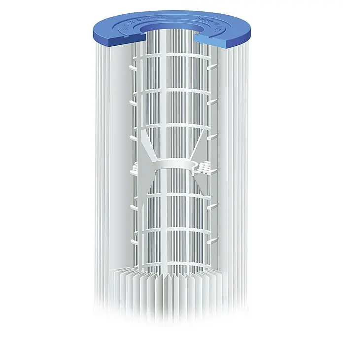 Piscina Frame Summer Waves Elite - Ø x Al: 457 x 107 cm, Marrón, 15.297 l - Primer plano de un filtro de piscina que muestra su estructura interna y su diseño, con un borde azul en la parte superior.
