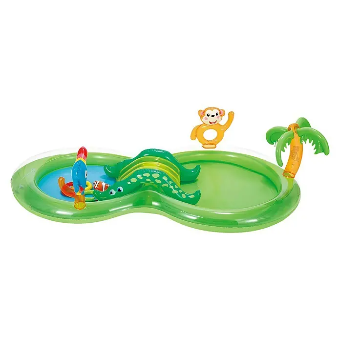 Planschbecken Jungle Play Center - L x B x H: 257 x 145 x 61 cm, Grün - Ein aufblasbares Kinderplanschbecken im Dschungel-Design mit Krokodilrutsche, Palme und Affenfigur für lustigen Wasserspaß.