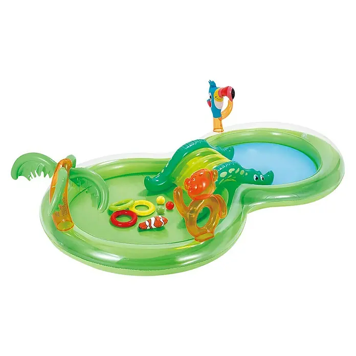Planschbecken Jungle Play Center - L x B x H: 257 x 145 x 61 cm, Grün - Eine grüne aufblasbare Kinderpool mit einer Rutsche und Spielzeug, ideal für Spaß im Garten.