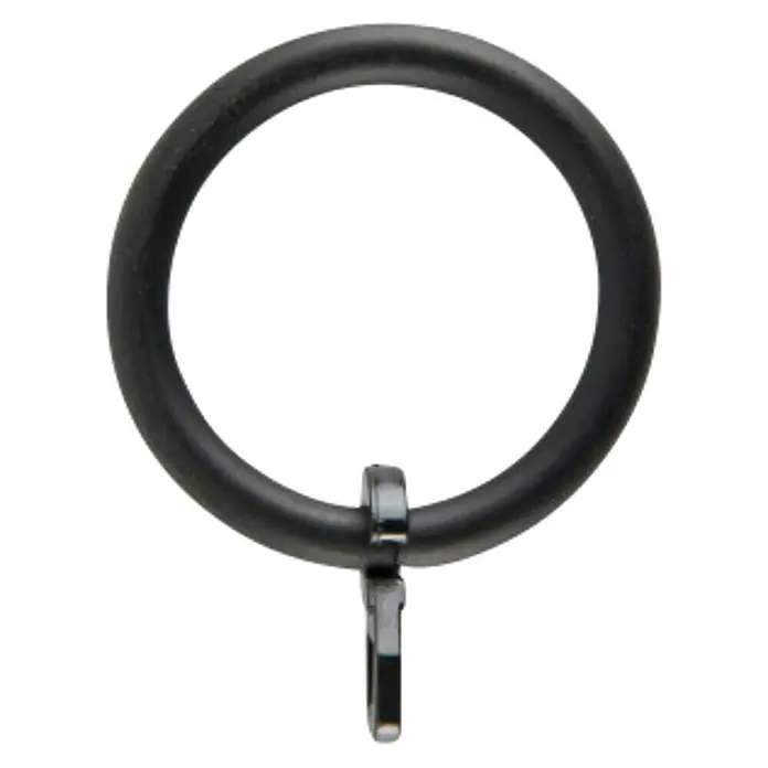 Anilla para cortinas Ferro wood gancho - Negro, 8 ud. - Primer plano de un anillo de cortina metálico con cierre de clip, ideal para decoraciones de ventanas elegantes.