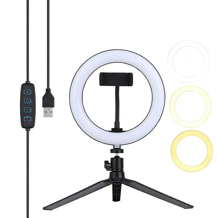 Soporte articulado para Móvil NK - Plástico - Anillo de luz LED con trípode y USB para selfies y vídeos, con diferentes temperaturas de color.
