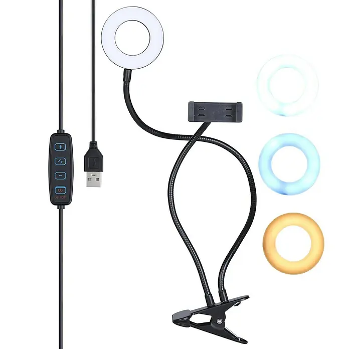 Pinza de soporte para móvil NK - Ángulo focal: 360 ° - Un anillo de luz LED con un soporte de clip, conector USB y controles para el ajuste del brillo y la temperatura de color.