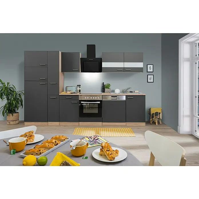 Respekta Küchenzeile Merle Typ 2 - Breite: 310 cm, Grau, Mit Elektrogeräten, Volumen Backofen: 72 l - Eine moderne graue Küche mit dunklen Schränken und einer Kochinsel, die ein helles Ambiente schafft.\n