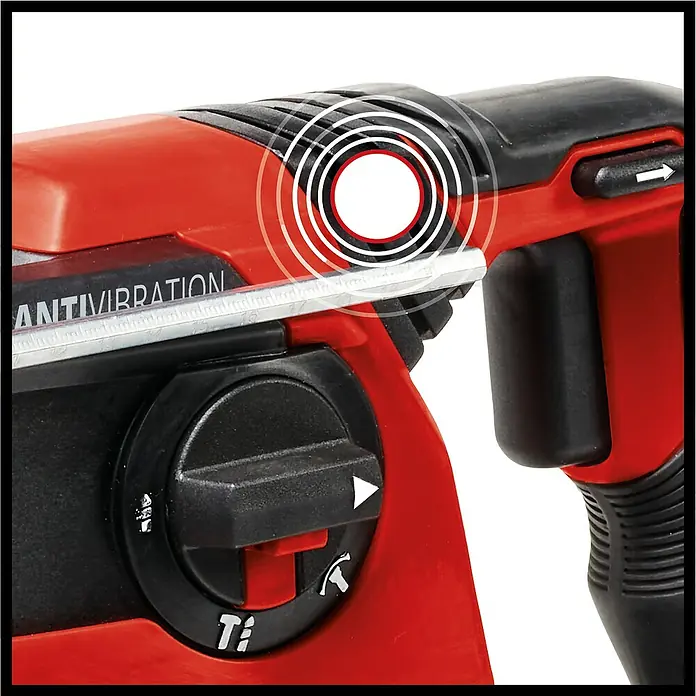 Einhell Professional PXC 18V Martillo combinado de batería Herocco 36/28 - 18 V, Sin batería, 0 Ah, 3,2 J - Primer plano del martillo perforador Einhell con carcasa roja y botón de control negro.